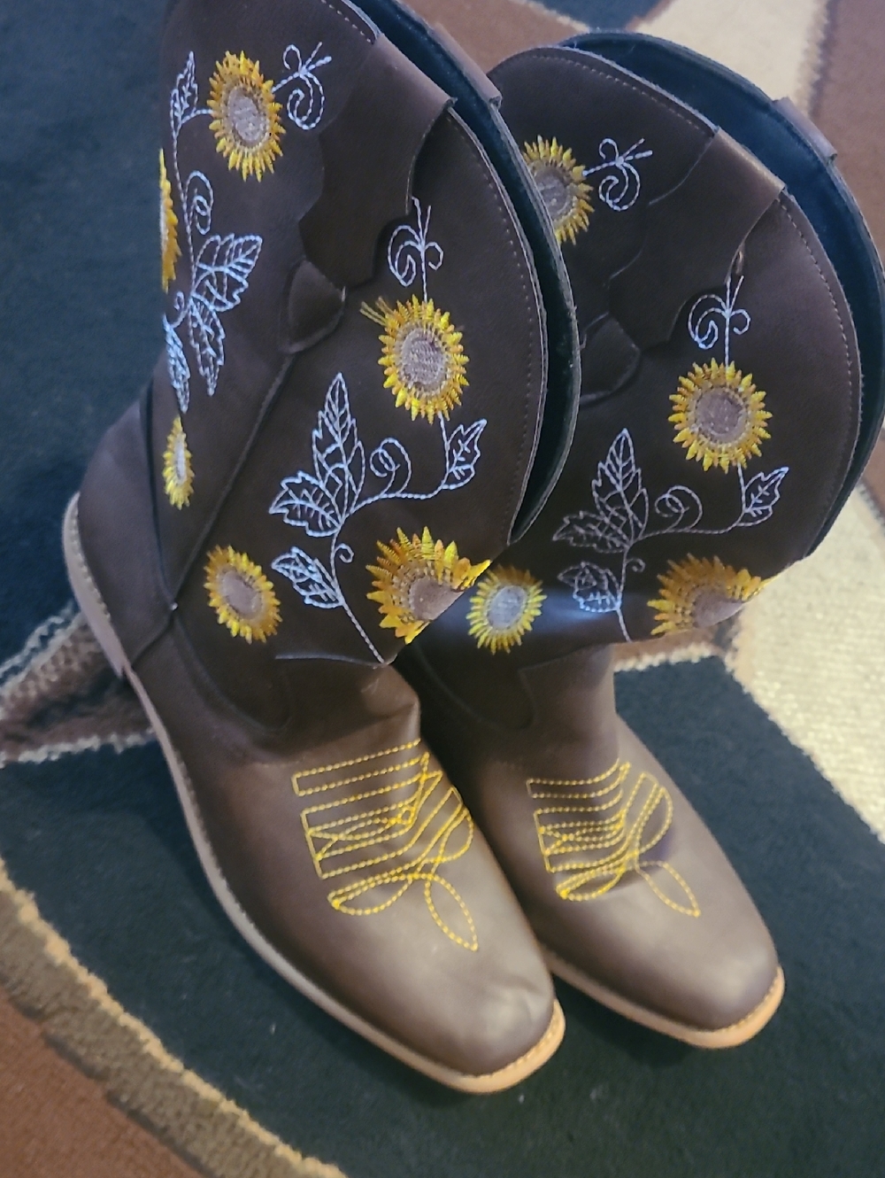 Brown Cowboy Boots with Yellow Sunflower Embroidery